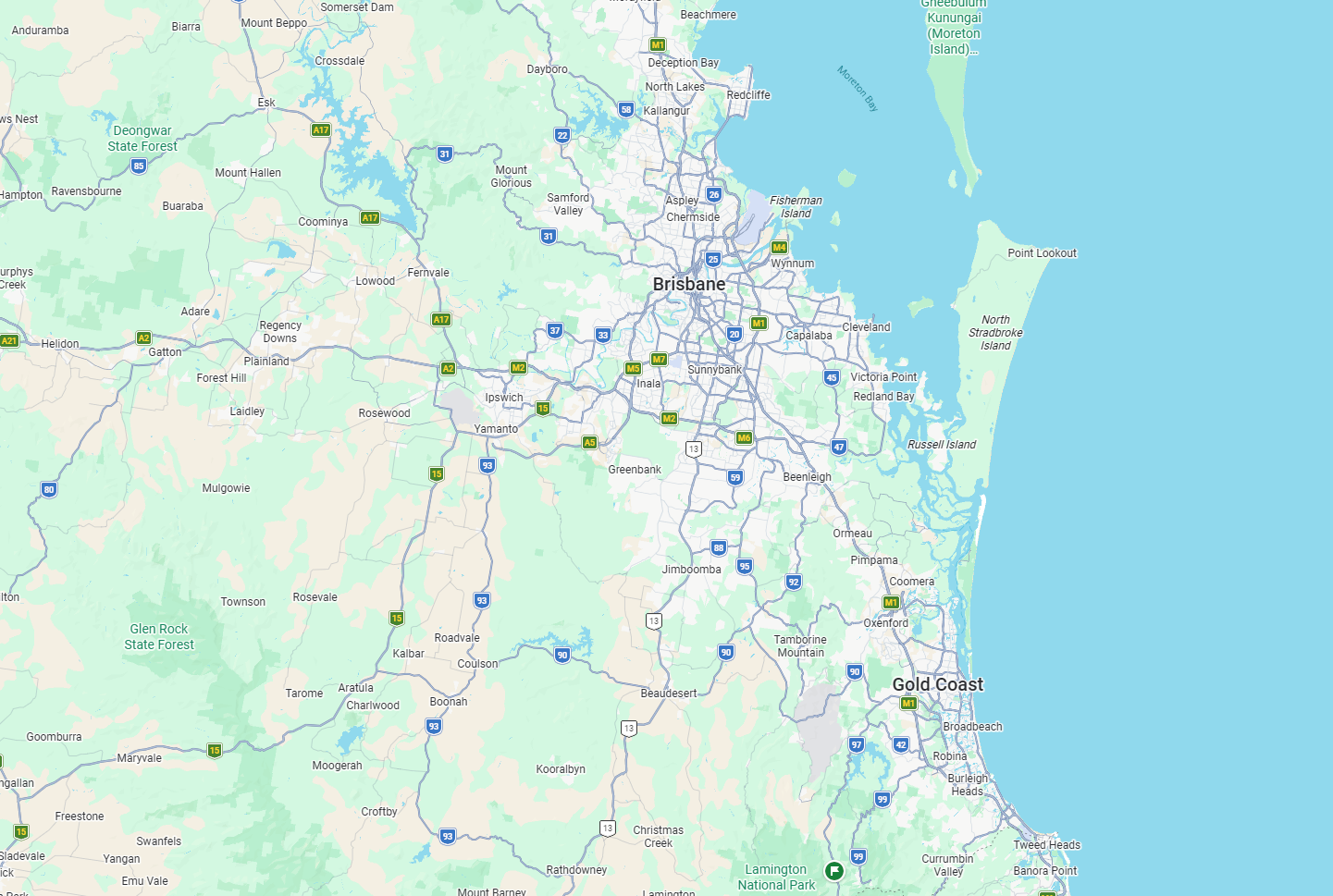Map showing the Gold Coast and broader South East Queensland service region.