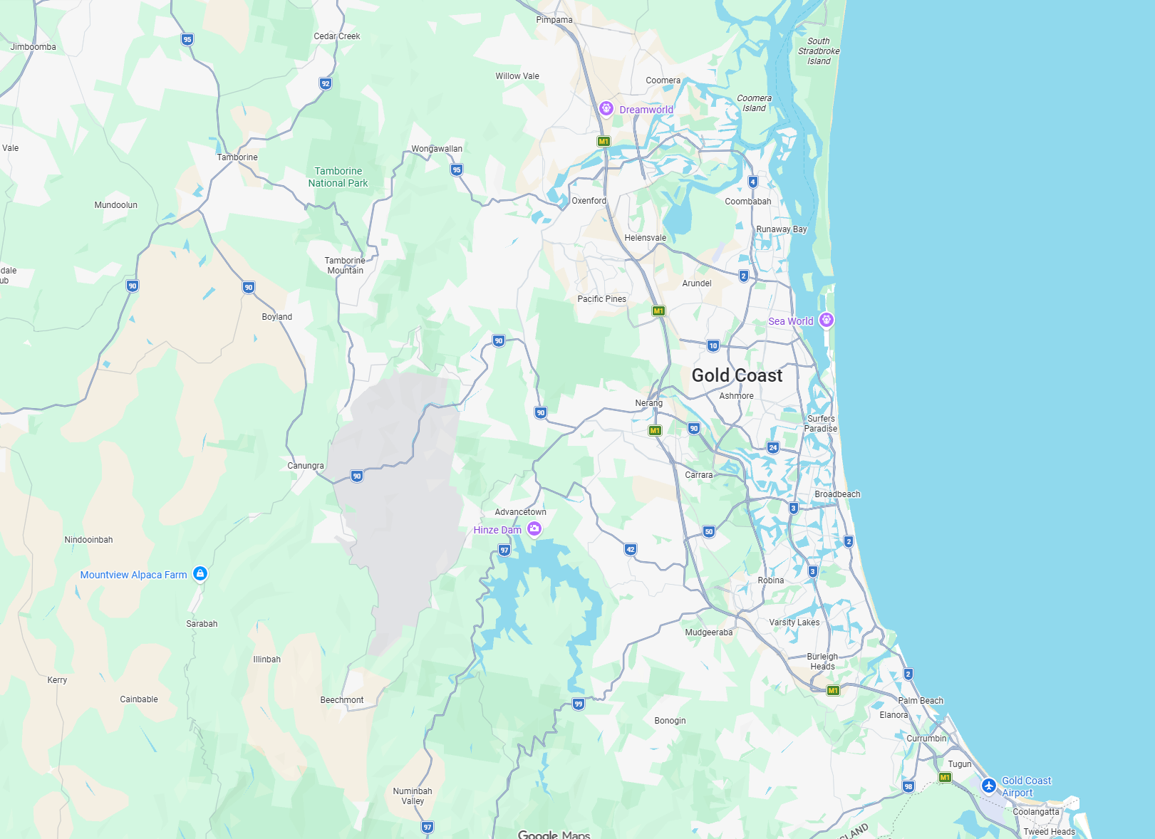 Map showing the Gold Coast and broader South East Queensland service region.